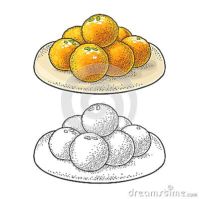 Indian traditional sweets Ladoo in plate. Vector vintage engraving Vector Illustration