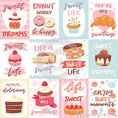Sweets lettering vector confectionery cupcake sign and sweet confection chocolate dessert with caked candies template Vector Illustration