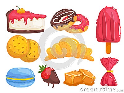 Sweets and pastry. Tasty breakfast food desserts Vector Illustration