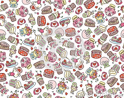 Sweets patternVector sweets seamless pattern. Sweet cupcakes background, isolated on white Vector Illustration