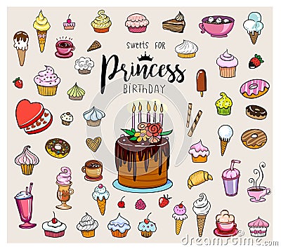 Sweets for Princess Birthday Vector Illustration