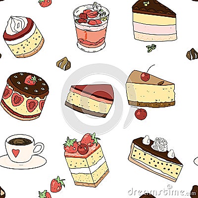 Sweets seamless pattern: cheesecake cake, candy, cherry, strawberry for decorating a cafe, packaging vektor sweets and more Vector Illustration