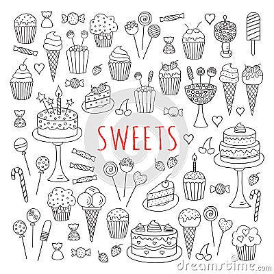 Sweets set vector icons hand drawn doodle Vector Illustration