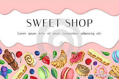 Sweets shop banner, dessert pink background with cream or syrup flowing. sweet bar, kids party poster template. vector Vector Illustration