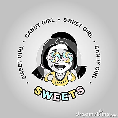 Sweets. Sweet girl. Candy girl. Little girl with sweets in her hands. Candy on a stick. Vector illustration Vector Illustration