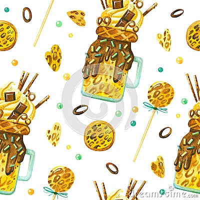 Sweets and yummies hand drawn seamless pattern. Milkshakes, marshmallows, sweets and cookies in African leopard style. Stock Photo