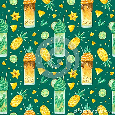 Sweets and yummies hand drawn seamless pattern. Milkshakes, pineapple, carambola and kiwi color drawing. Stock Photo