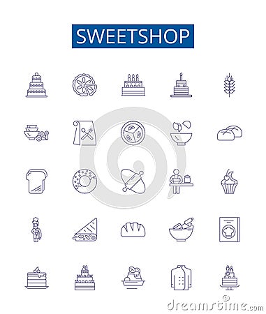 Sweetshop line icons signs set. Design collection of Candy, Sweet, Confectionery, Chocolates, Toffee, Caramel, Gummies Vector Illustration