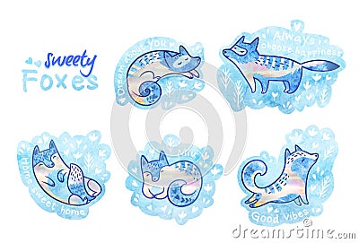 Sweety foxes in floral. Beautiful patches or pins collection. Stock Photo