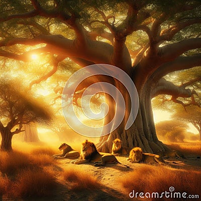 A pride of lions resting in the shade of a baobab tree in the midday heat Stock Photo