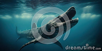 Deep ocean dramatic atmosphere, front portrait close look of Mosasaurus Cartoon Illustration