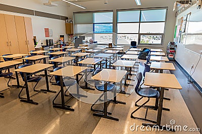 Swift Current, SK- September 2, 2019: Interior of bright, empty school classroom: back to school concept, coronavirus concept Editorial Stock Photo