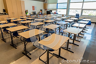Swift Current, SK- September 2, 2019: Interior of bright, empty school classroom: back to school concept, coronavirus concept Editorial Stock Photo