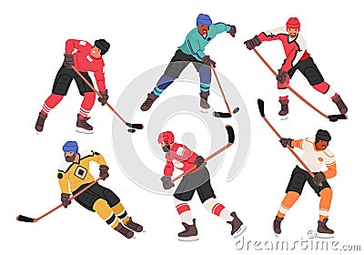 Swift Hockey Players On Ice. Characters Clad In Vibrant Jerseys, Fiercely Pursue The Puck. Sticks Clash, Faces Masked Vector Illustration