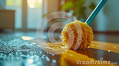 Swift motions and a determined gaze define a house cleaner's task Stock Photo