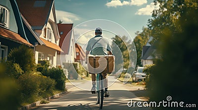 Swift Suburban Deliveries: Bike Courier Navigating Serene Neighborhood Streets Stock Photo
