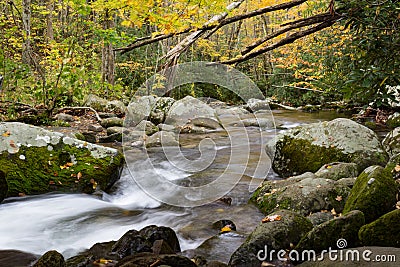 Swift water from a mountain stream flowing around moss covered boulders in autumn, fall leaves Stock Photo