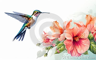 Swiftly Hovering Hummingbird by a Flower in Isolation -Generative Ai Stock Photo