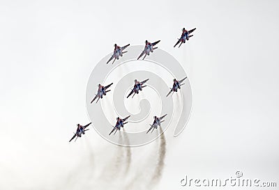 Demonstration flight of The Swifts (Strizhi), International aviation and space salon (MAKS). Stock Photo