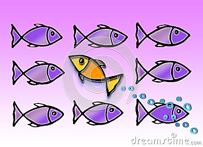 Swim against the tide or standing out from the crowd - concept image Cartoon Illustration