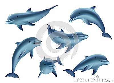 Swim dolphins. Aquarium or ocean underwater marine animals big funny and kind fishes decent vector 3d dolphins in action Vector Illustration