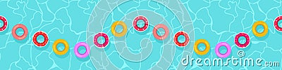 Swim life ring, floating buoy in wavy water swimming pool border banner seamless pattern, kid pool toys watermelon, donut, Vector Illustration