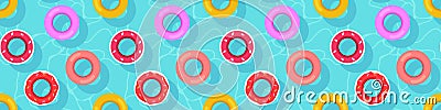 Swim life ring, floating buoy in wavy water swimming pool pattern, kid pool toys watermelon, donut, background, print design Vector Illustration