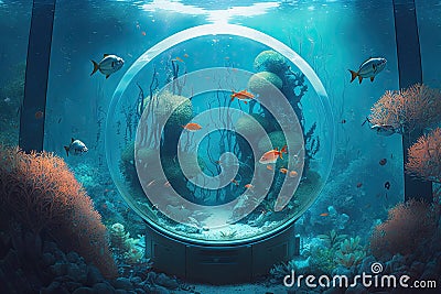 swim in ocean of future space with forests and aquarium fish in space Stock Photo