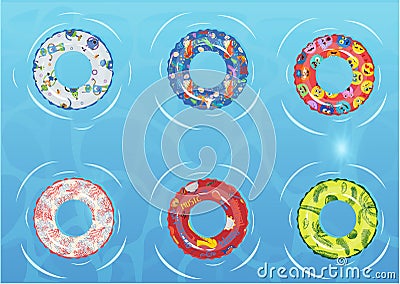 Swim rings set. Inflatable rubber toy. Top view swimming circle for ocean, sea, pool. Lifebuoy colorful collection Vector Illustration