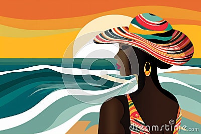 young woman cartoon vacation summer tanned concept black beige beach hat. Generative AI. Stock Photo