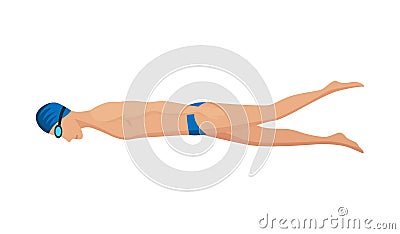 Swimmer character of swimming men in swimsuit, hat and glasses. People in action pose or engaged water sport. Colorful Vector Illustration