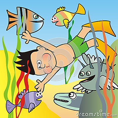 Swimmer with fishes, vector funny illustration Vector Illustration