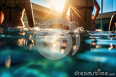 Swimmers at the edge of a pool with sunlight reflecting on water Stock Photo