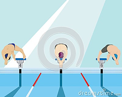 Swimmers jumping off the starting block in swimming pool Vector Illustration
