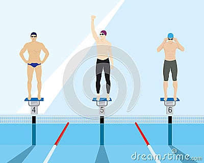 Swimmers standing on starting block in a swimming pool Vector Illustration