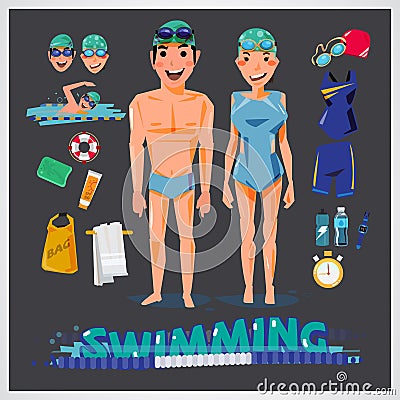 Swimming character with kits . male and female. sport concept - Vector Illustration