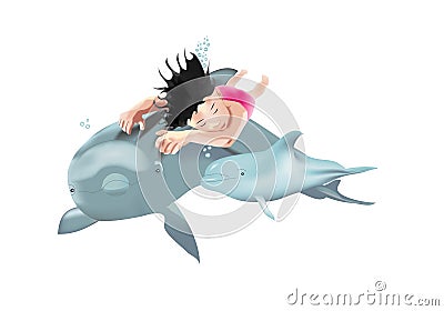 Swimming child with dolphins Vector Illustration
