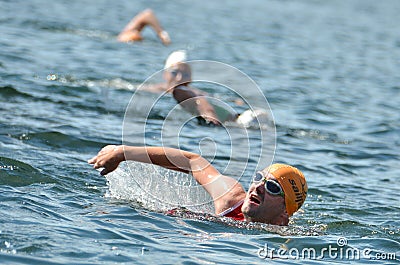 Swimming competition at the aqua duathlon in Gmunden am Traunsee Editorial Stock Photo