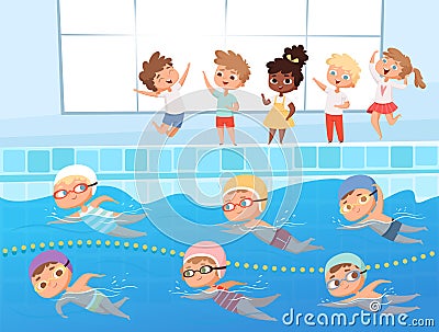 Swimming competition. Kids water sport swimming race in pool vector cartoon background Vector Illustration