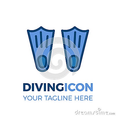 Swimming and diving equipment bussiness icon. Pair of fins for beach, water sports, vacations, hobbies, summer. Vector Illustration