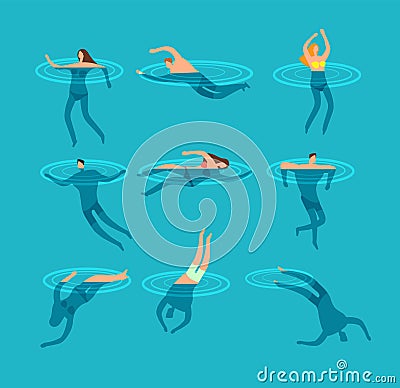 Swimming and diving people in swimming pool cartoon vector illustration Vector Illustration