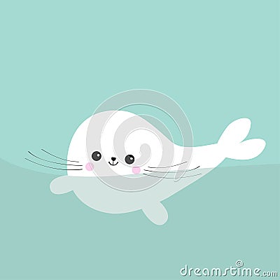 Swimming floating harp baby seal pup. Cute cartoon character. Happy baby animal collection. Sea ocean water. Blue background. Flat Vector Illustration