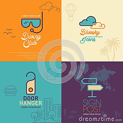 Swimming Goggles flat icon, clouds flat icon, door hanging flat icon, signpost with word map flat icon Vector Illustration