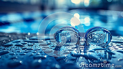 Swimming Goggles with Water Drops on Poolside. Generative ai Cartoon Illustration