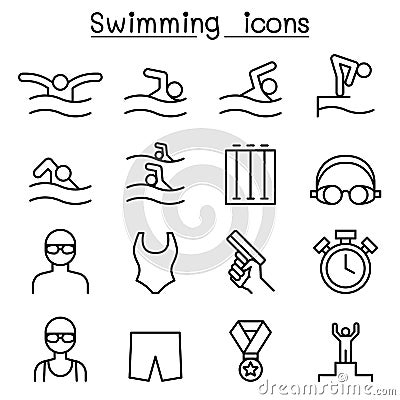 Swimming icon set in thin line style Vector Illustration