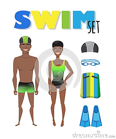 Swimming infographic elements. Set of swim icons. Black, african, american people in bathing suits. Accessories for Vector Illustration