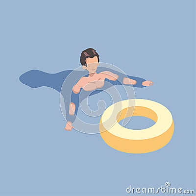 Swimming man with the rubber ring in isometric projection. Vector illustration. Vector Illustration