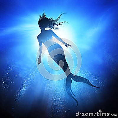 Swimming Mermaid Under The Waves Cartoon Illustration