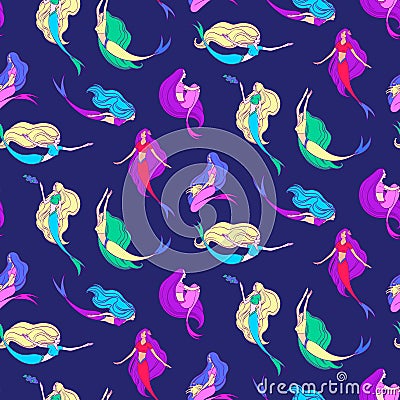 Swimming mermaids seamless pattern. Vector cartoon undersea magic illustration, cute endless kids background Vector Illustration