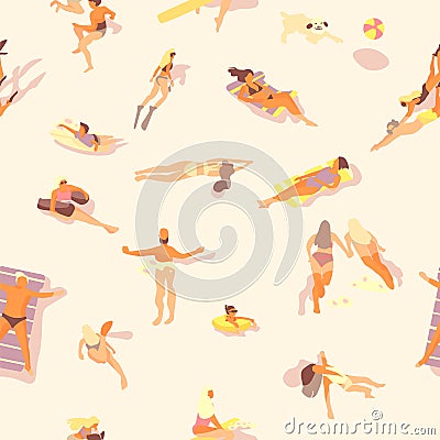 Swimming people pattern. Summer seamless print of ocean beach with cartoon persons doing water activities. Vector Vector Illustration